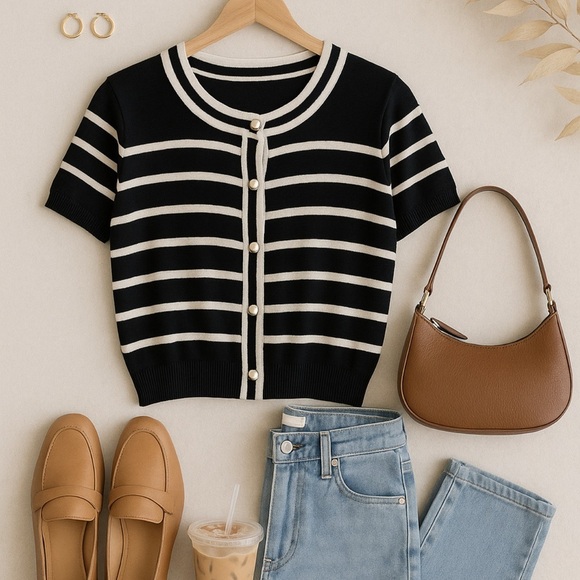 PrettyGarden Striped Button-Front Knit Top Size Small - J18 - Picture 3 of 3